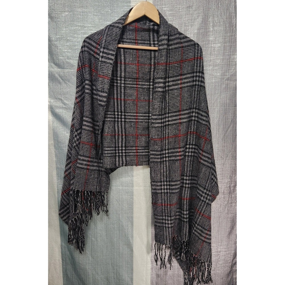 Grey Glen Plaid Shawl Windowpane Overcheck Fringe Trim Winter Academia Heritage